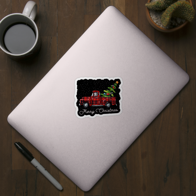 Red Buffalo Plaid Pickup Truck with Tree Merry Christmas by Dibble Dabble Designs